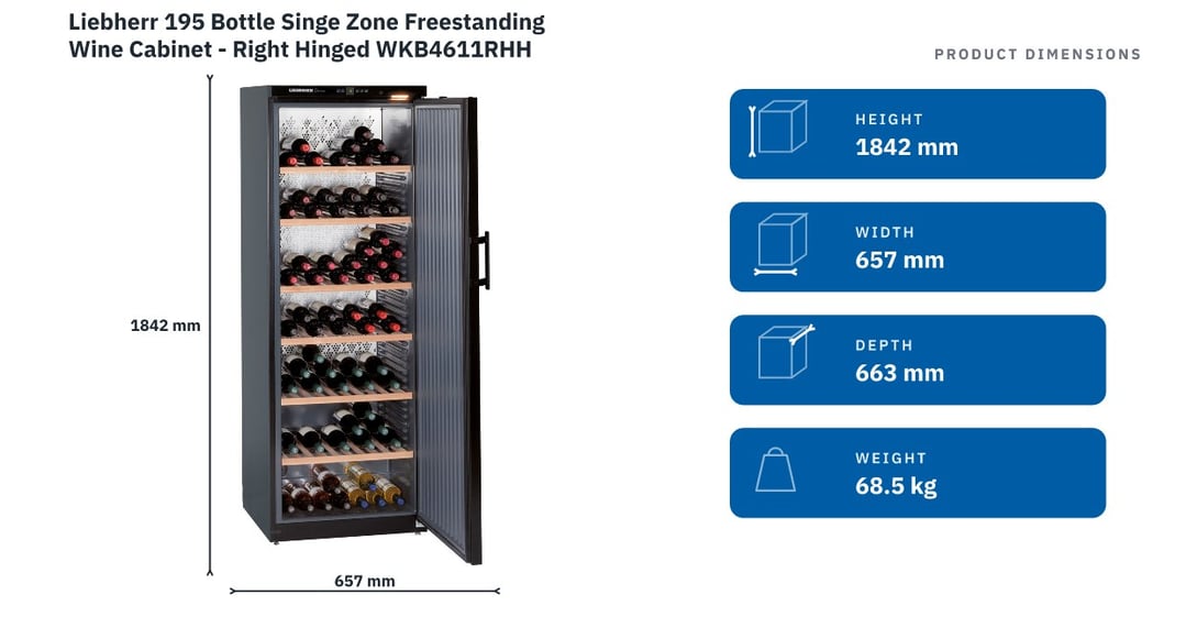Liebherr 195 Bottle Singe Zone Freestanding Wine Cabinet - Right Hinged WKB4611RHH