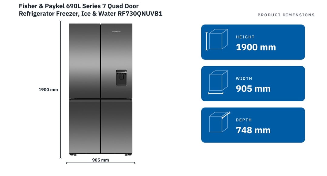 Fisher & Paykel 690L Series 7 Quad Door Refrigerator Freezer, Ice & Water RF730QNUVB1 — product dimensions