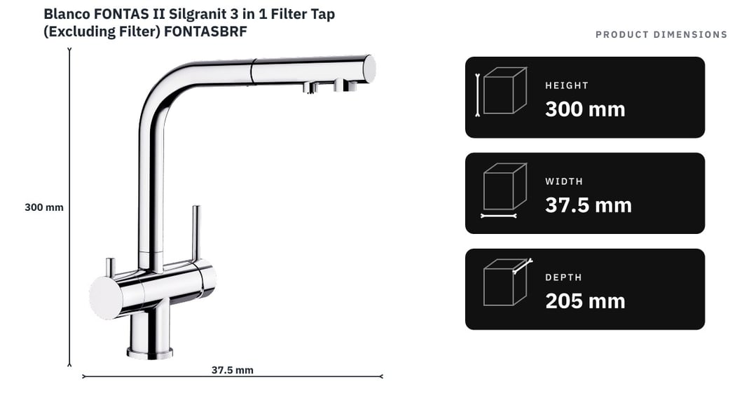 Blanco FONTAS II Silgranit 3 in 1 Filter Tap (Excluding Filter) FONTASBRF — product dimensions