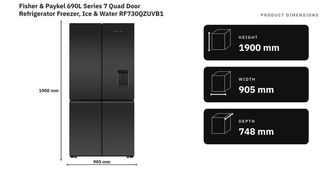 Fisher & Paykel 690L Series 7 Quad Door Refrigerator Freezer, Ice & Water RF730QZUVB1 — product dimensions