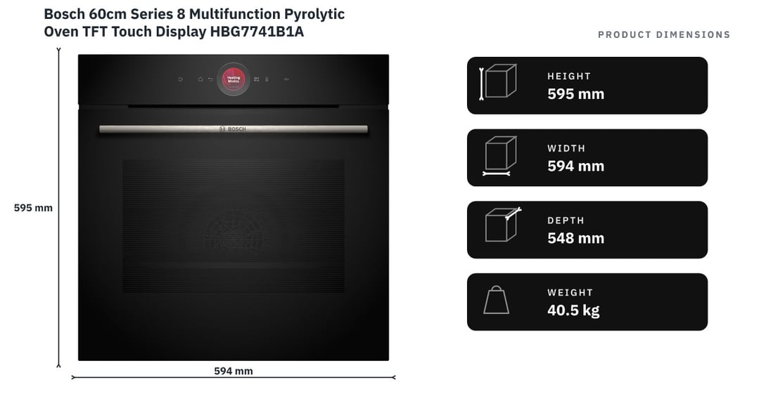 Bosch 60cm Series 8 Multifunction Pyrolytic Oven TFT Touch Display HBG7741B1A — product dimensions