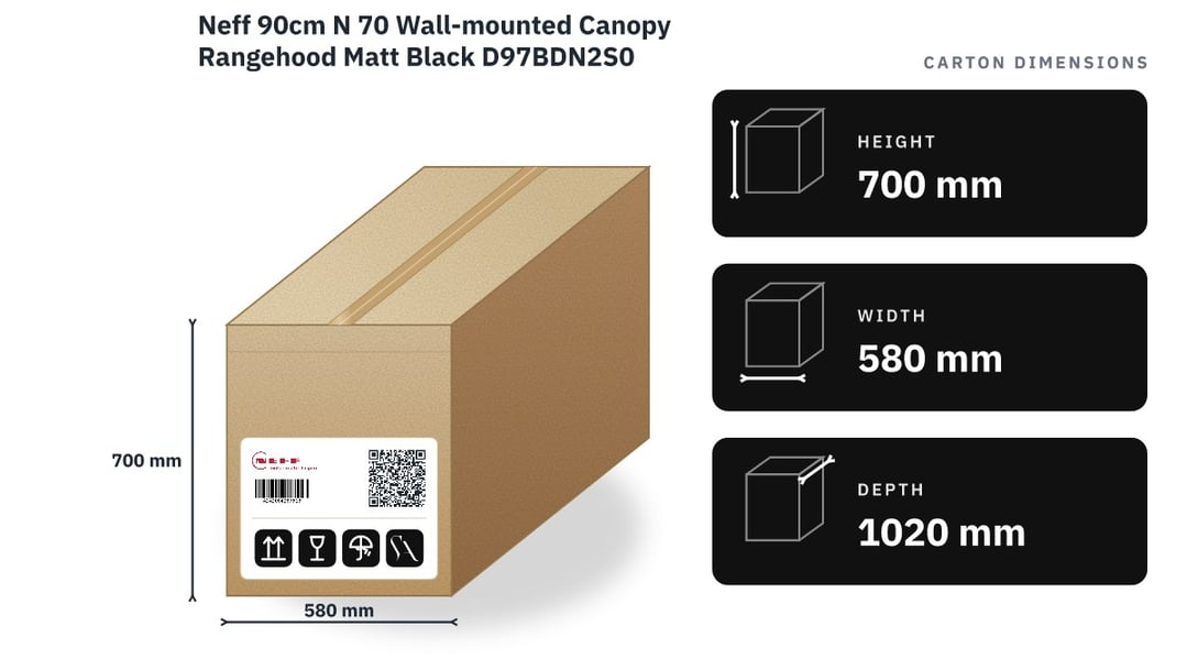 Neff 90cm N 70 Wall-mounted Canopy Rangehood Matt Black D97BDN2S0 — packaged dimensions
