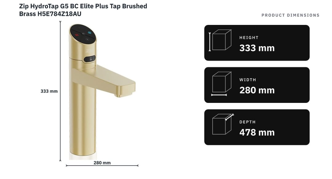 Zip HydroTap G5 BC Elite Plus Tap Brushed Brass H5E784Z18AU — product dimensions