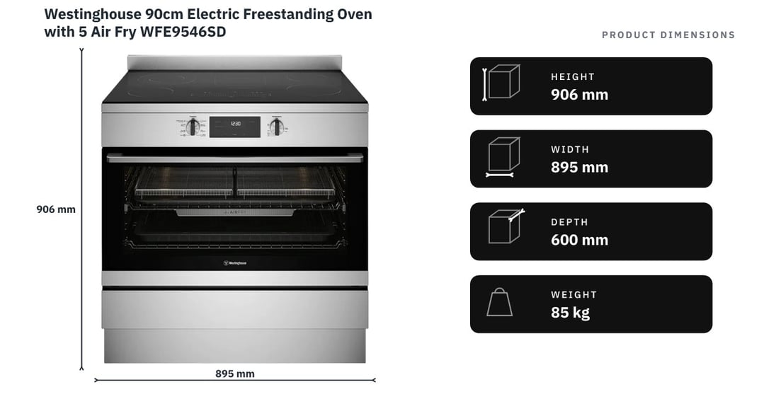 Westinghouse 90cm Electric Freestanding Oven with 5 Air Fry WFE9546SD — product dimensions