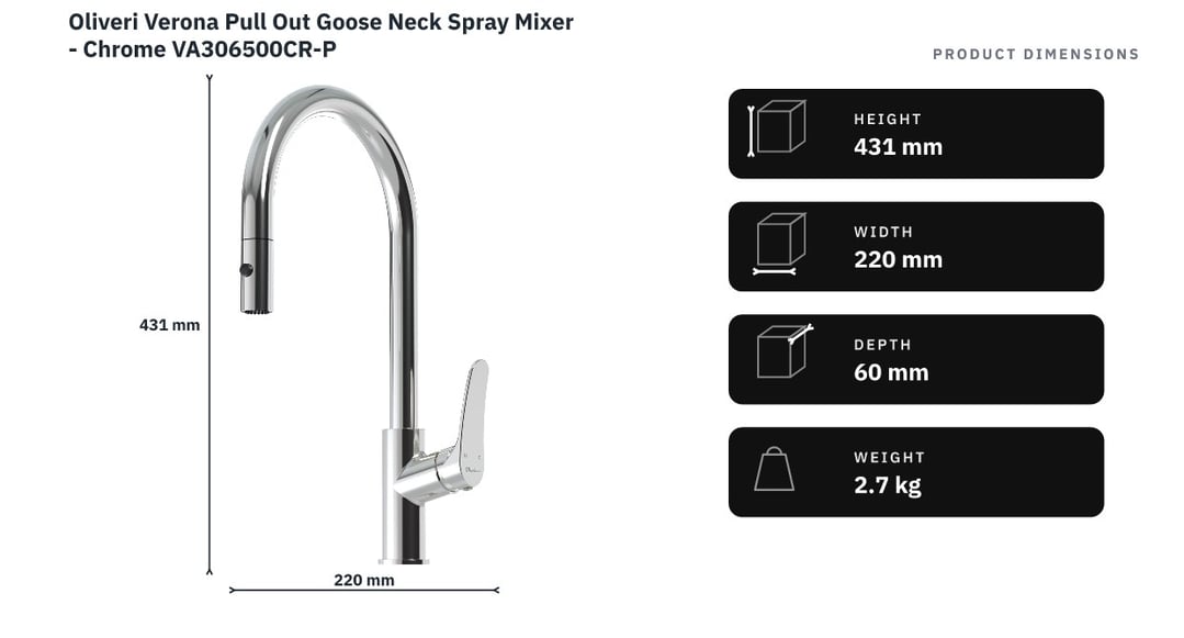 Oliveri Verona Pull Out Goose Neck Spray Mixer - Chrome VA306500CR-P — product dimensions