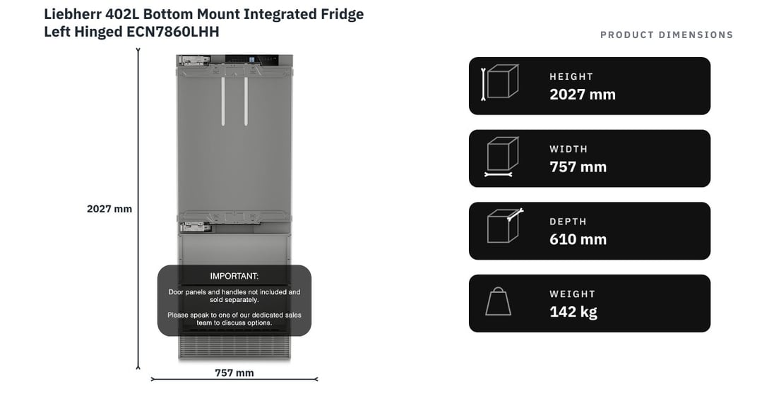 Liebherr 402L Bottom Mount Integrated Fridge Left Hinged ECN7860LHH — product dimensions