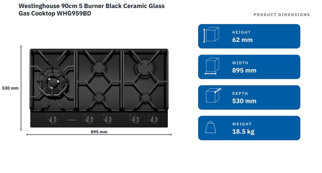 Westinghouse 90cm 5 Burner Black Ceramic Glass Gas Cooktop WHG959BD