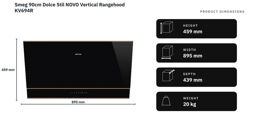 Smeg 90cm Dolce Stil NOVO Vertical Rangehood KV694R — product dimensions