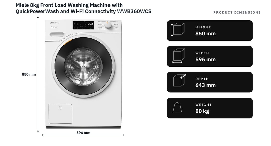 Miele 8kg Front Load Washing Machine with QuickPowerWash and Wi-Fi Connectivity WWB360WCS — product dimensions