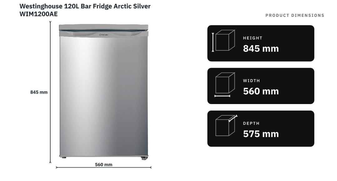 Westinghouse 120L Bar Fridge Arctic Silver WIM1200AE — product dimensions