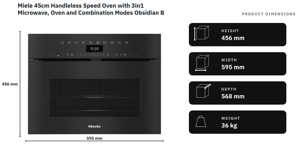 Miele 45cm Handleless Speed Oven with 3in1 Microwave, Oven and Combination Modes Obsidian Black H7440BMXOBSW — product dimensions