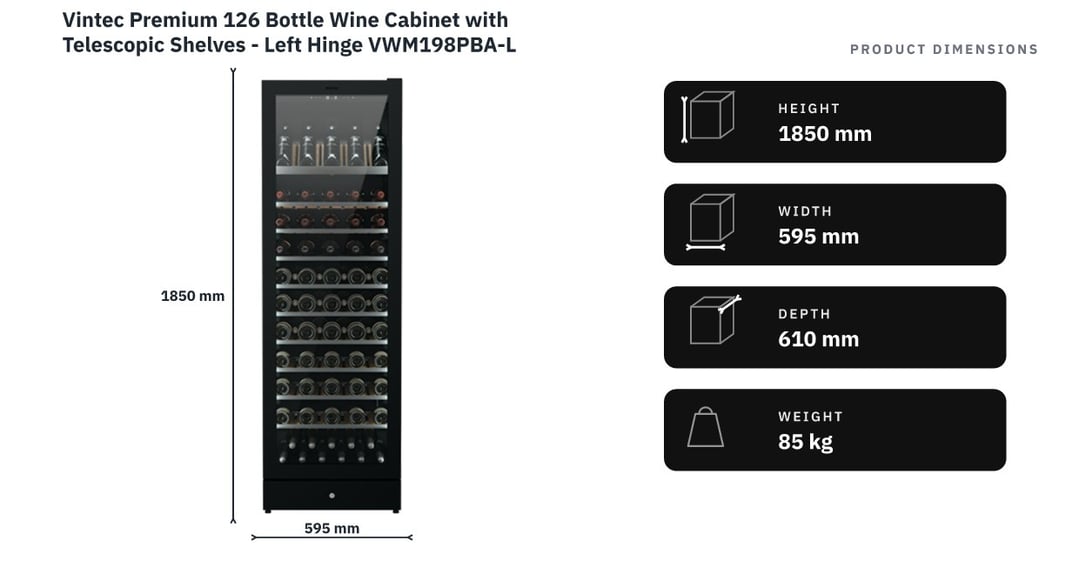Vintec Premium 126 Bottle Wine Cabinet with Telescopic Shelves - Left Hinge VWM198PBA-L — product dimensions
