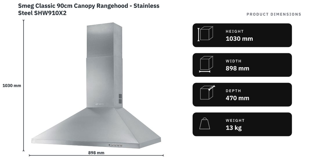Smeg Classic 90cm Canopy Rangehood - Stainless Steel SHW910X2 — product dimensions