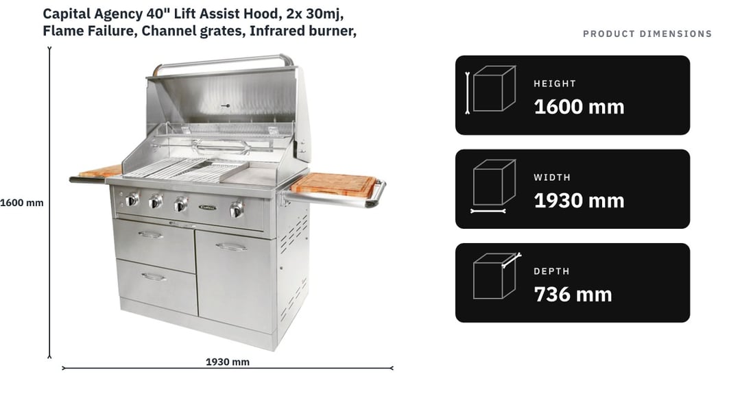 Capital Agency 40" Lift Assist Hood, 2x 30mj, Flame Failure, Channel grates, Infrared burner, rotisserie, Halogen lighting, thermostat CART MODEL LPG Gas ACG40RFS1L — product dimensions