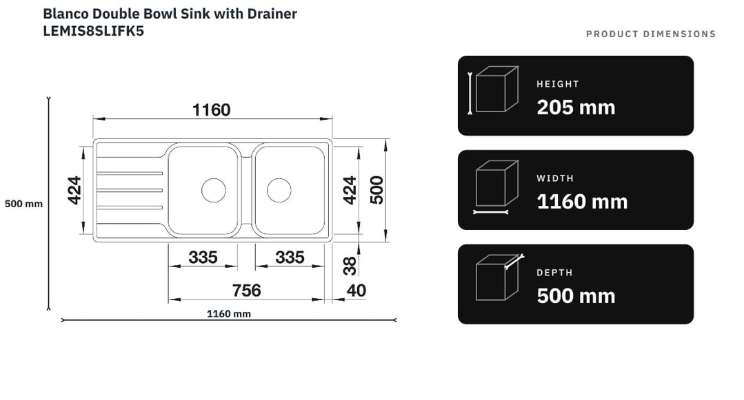 Blanco Double Bowl Sink with Drainer LEMIS8SLIFK5 — product dimensions
