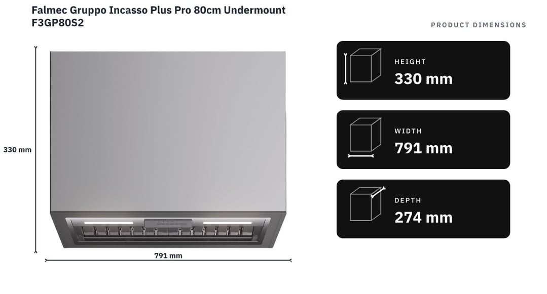 Falmec Gruppo Incasso Plus Pro 80cm Undermount F3GP80S2 — product dimensions