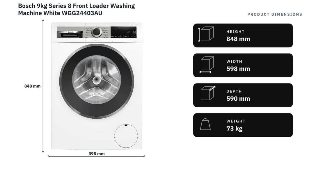 Bosch 9kg Series 8 Front Loader Washing Machine White WGG24403AU — product dimensions