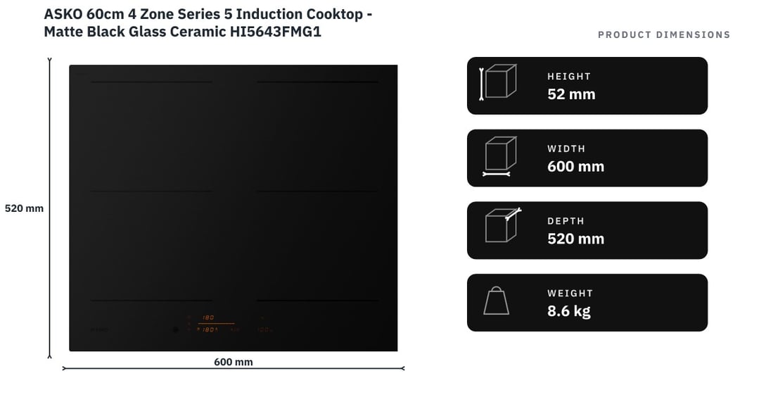 ASKO 60cm 4 Zone Series 5 Induction Cooktop - Matte Black Glass Ceramic HI5643FMG1 — product dimensions