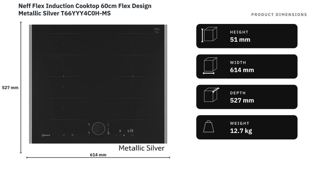 Neff Flex Induction Cooktop 60cm Flex Design Metallic Silver T66YYY4C0H-MS — product dimensions