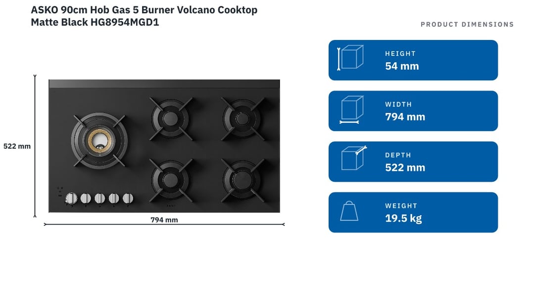 Asko 90cm Hob Gas 5 Burner Volcano Cooktop Matte Black HG8954MGD1