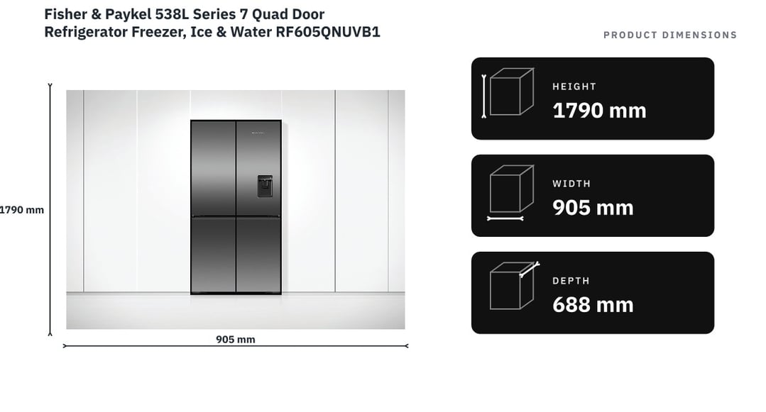 Fisher & Paykel 538L Series 7 Quad Door Refrigerator Freezer, Ice & Water RF605QNUVB1 — product dimensions