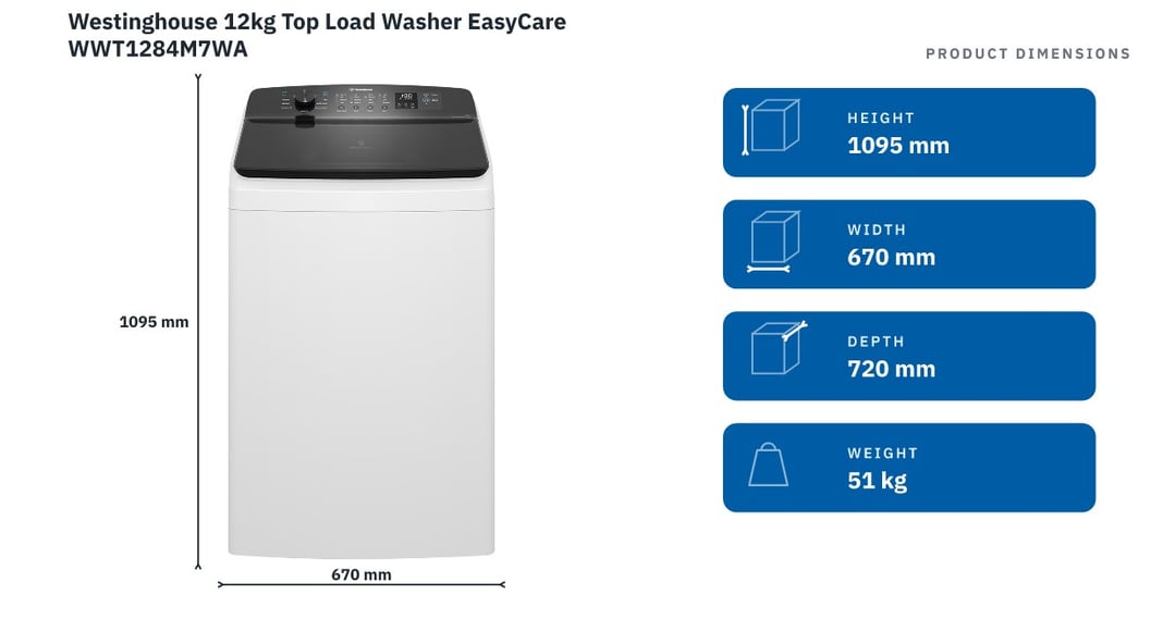 Westinghouse 12kg Top Load Washer EasyCare WWT1284M7WA — product dimensions