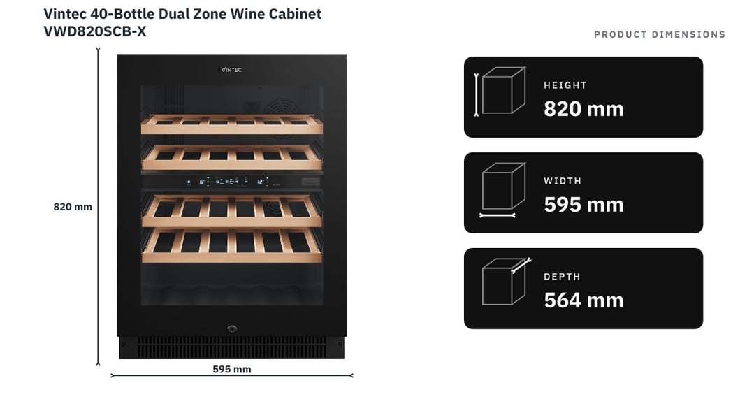Vintec 40-Bottle Dual Zone Wine Cabinet VWD820SCB-X — product dimensions