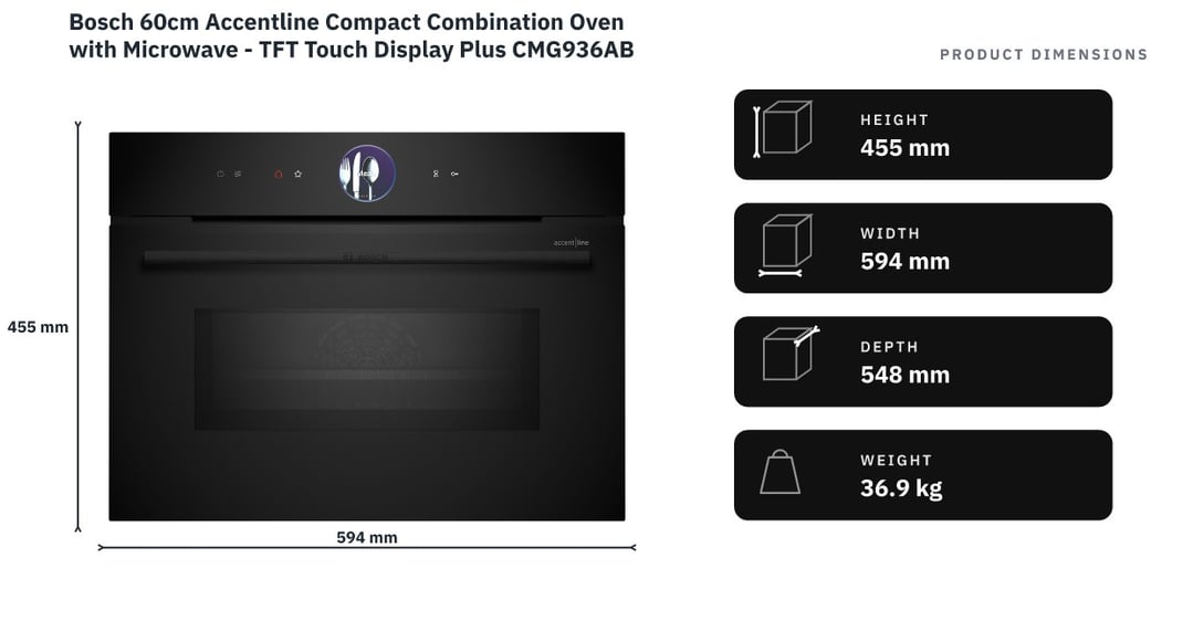 Bosch 60cm Accentline Compact Combination Oven with Microwave - TFT Touch Display Plus CMG936AB1A — product dimensions