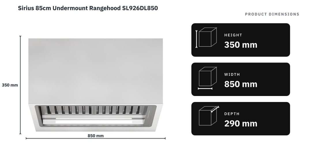 Sirius 85cm Undermount Rangehood SL926DL850 — product dimensions