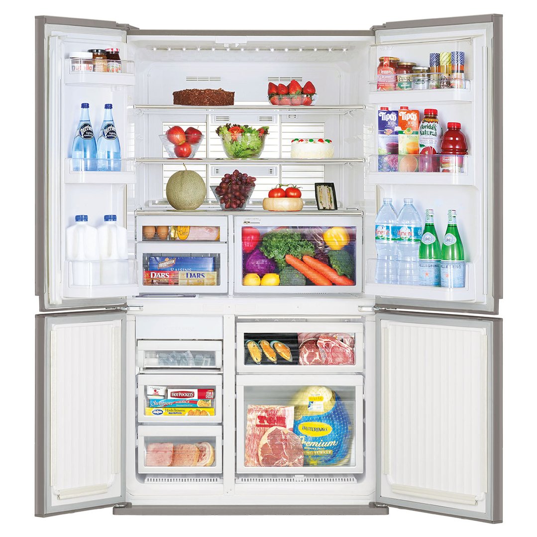 Open Mitsubishi Electric fridge filled with food and drinks