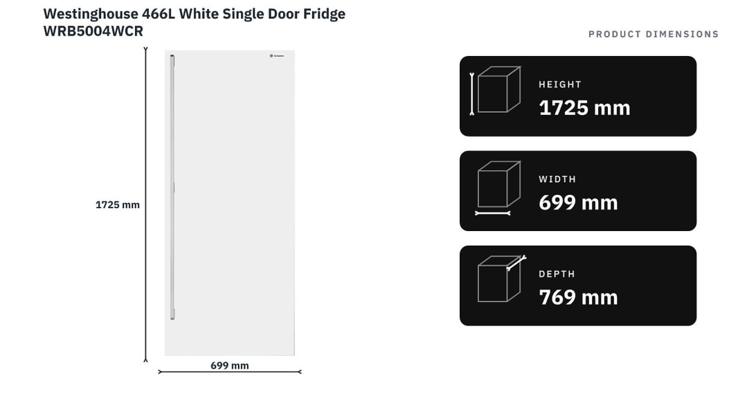 Westinghouse 466L White Single Door Fridge WRB5004WCR — product dimensions