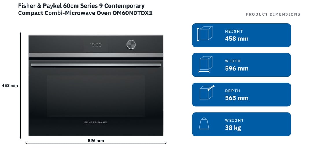 Fisher & Paykel 60cm Series 9 Contemporary Compact Combi-Microwave Oven OM60NDTDX1 — product dimensions