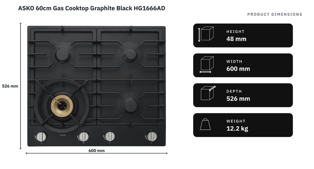ASKO 60cm Gas Cooktop Graphite Black HG1666AD — product dimensions