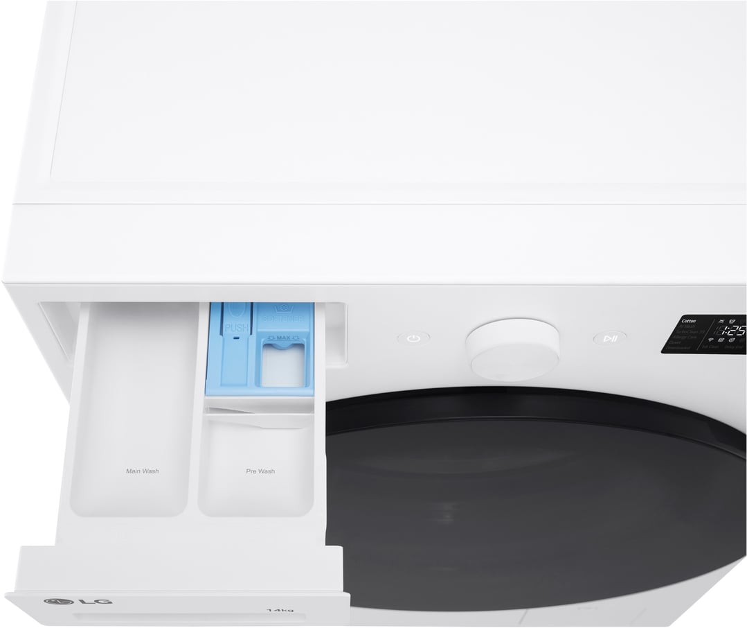 Close up of a white LG washing machine with the detergent drawer open