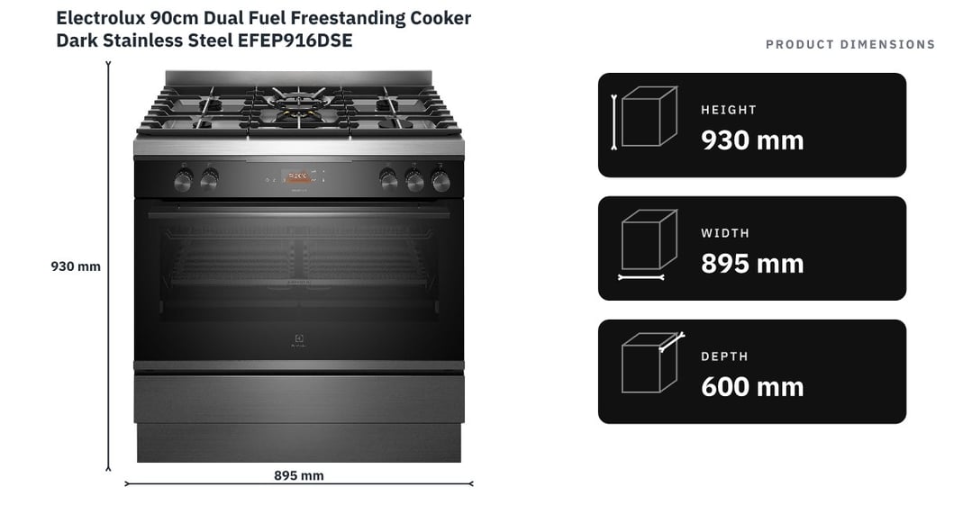 Electrolux 90cm Dual Fuel Freestanding Cooker Dark Stainless Steel EFEP916DSE — product dimensions