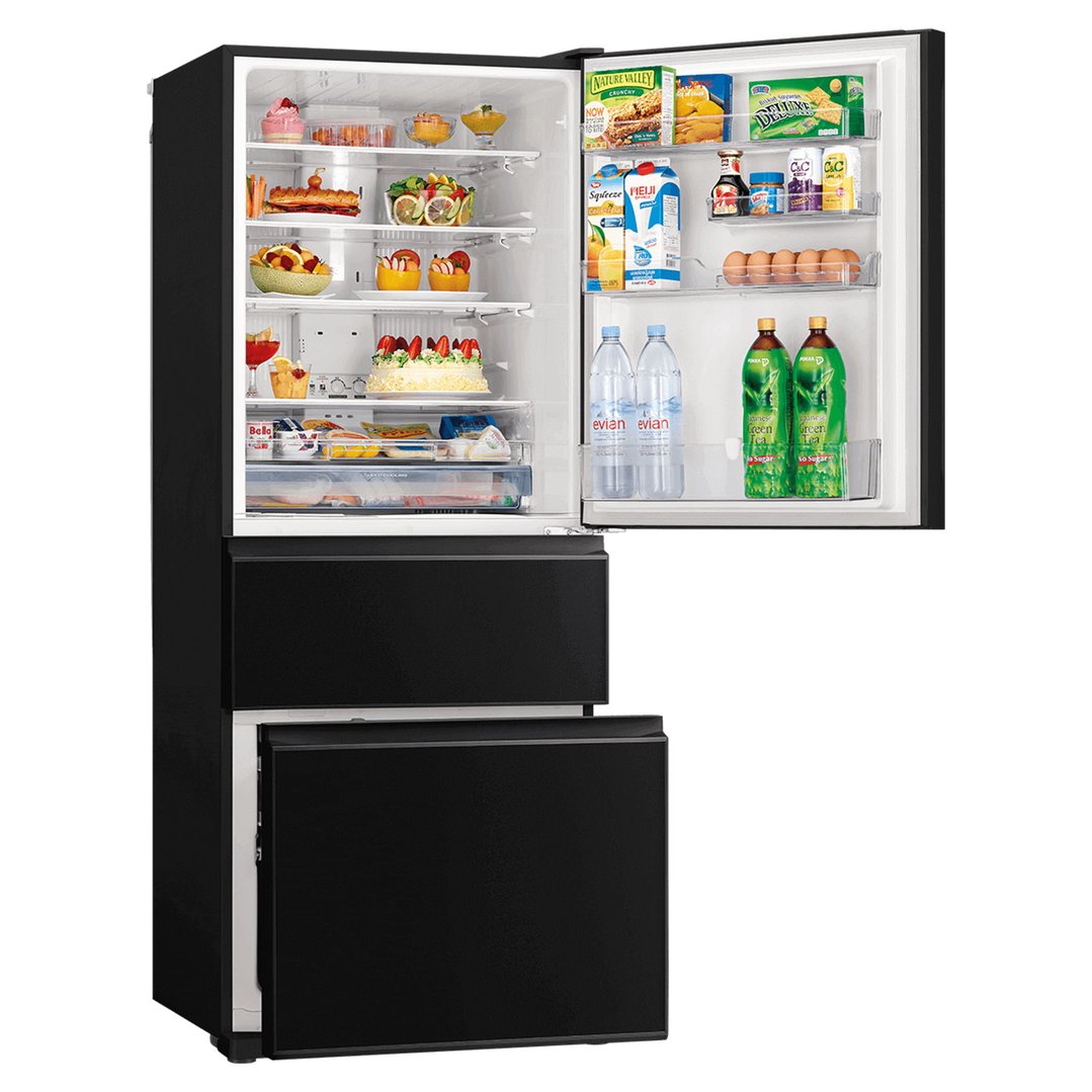 Black bottom mount fridge with its top door open, revealing food and drinks