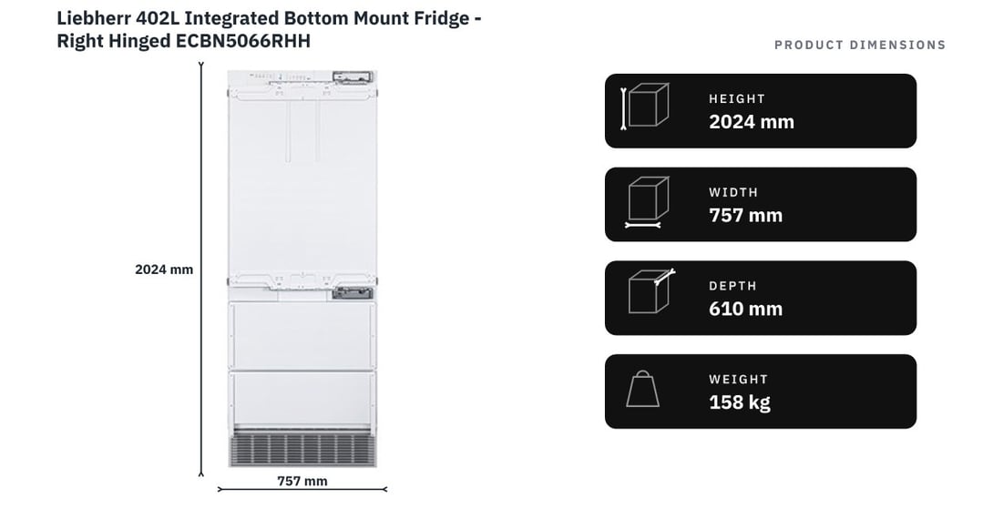 Liebherr 402L Integrated Bottom Mount Fridge - Right Hinged ECBN5066RHH — product dimensions