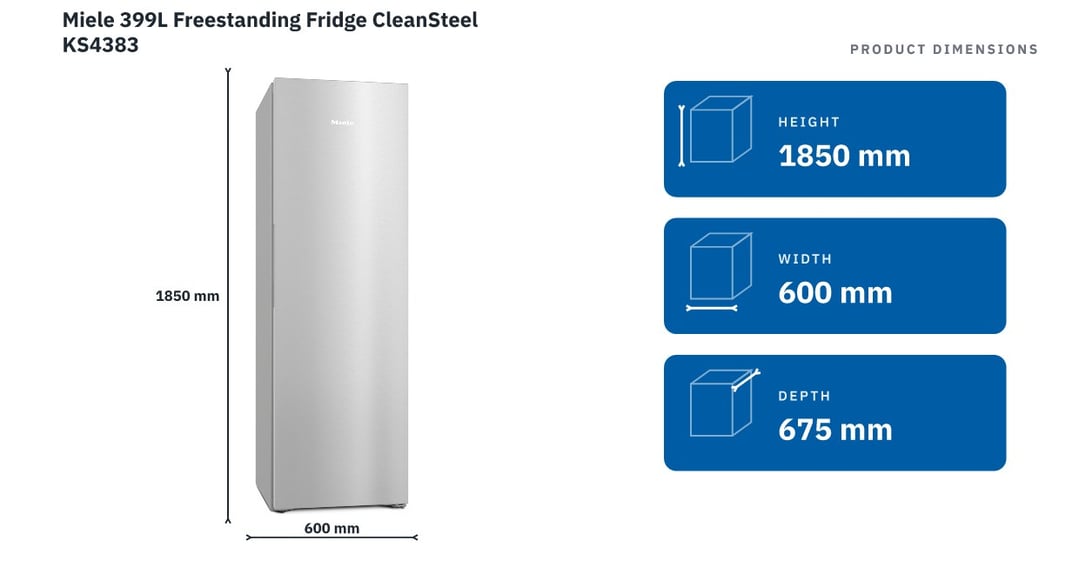 Miele 399L Freestanding Fridge CleanSteel KS4383 — product dimensions