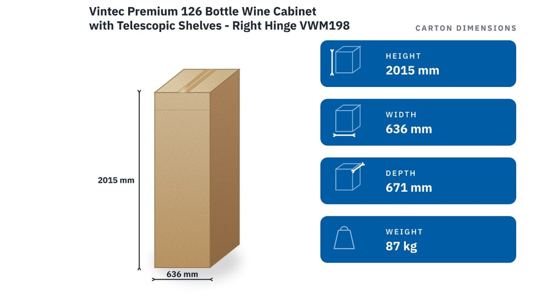Vintec Premium 126 Bottle Wine Cabinet with Telescopic Shelves - Right Hinge VWM198PBA-R — packaged dimensions