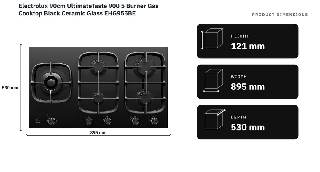 Electrolux 90cm UltimateTaste 900 5 Burner Gas Cooktop Black Ceramic Glass EHG955BE — product dimensions