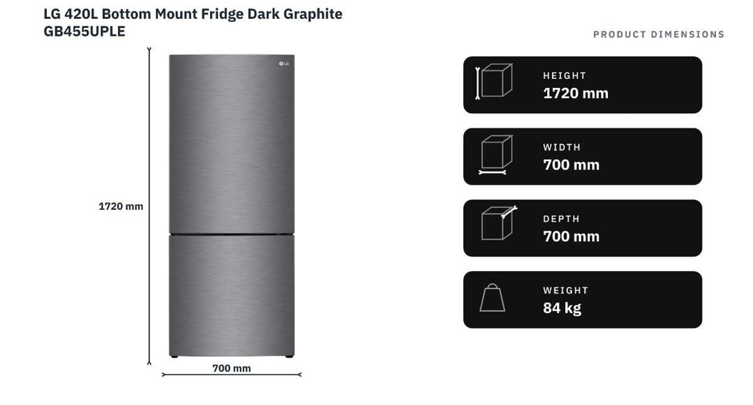LG 420L Bottom Mount Fridge Dark Graphite GB455UPLE — product dimensions