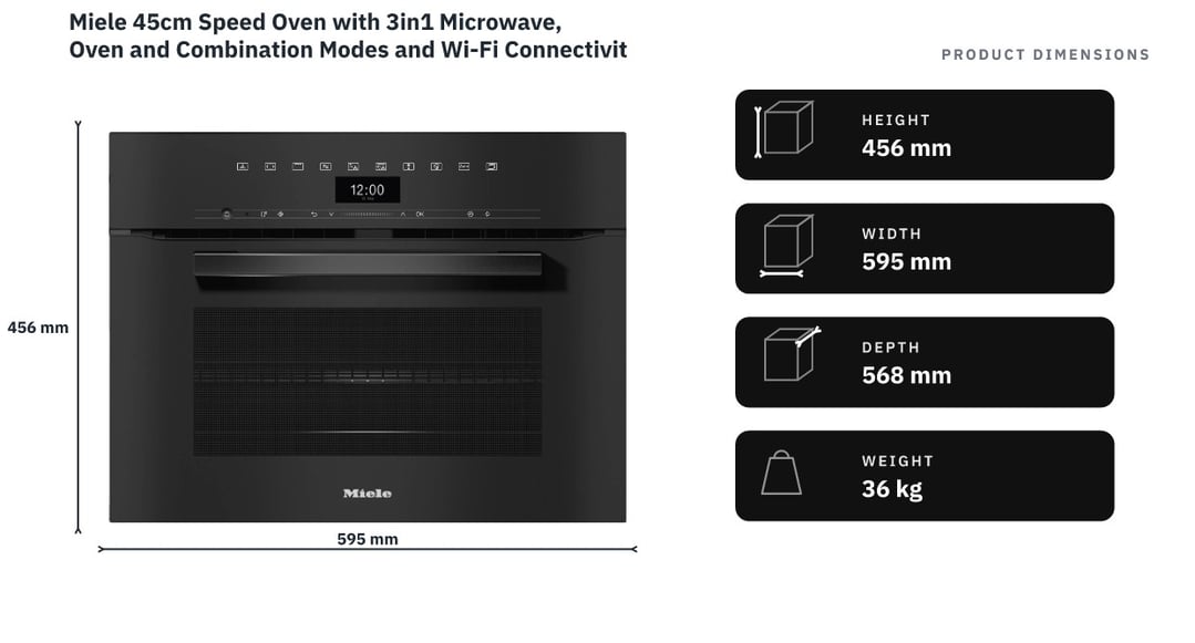 Miele 45cm Speed Oven with 3in1 Microwave, Oven and Combination Modes and Wi-Fi Connectivity Obsidian Black H7440BMOBSW — product dimensions
