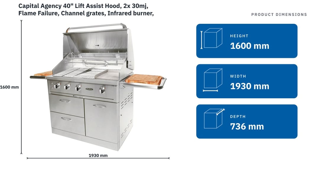 Capital Agency 40" Lift Assist Hood, 2x 30mj, Flame Failure, Channel grates, Infrared burner, rotisserie, Halogen lighting, thermostat CART MODEL LPG Gas ACG40RFS1L — product dimensions