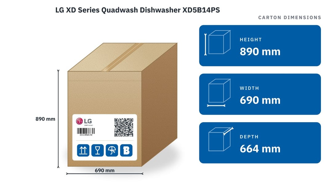 LG XD Series Quadwash Dishwasher XD5B14PS — packaged dimensions
