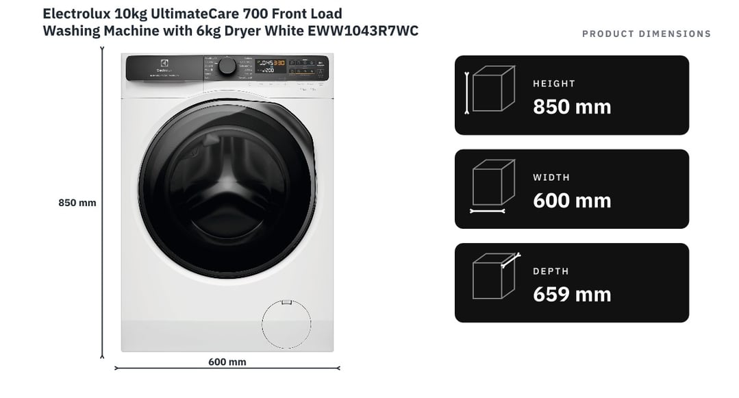 Electrolux 10kg UltimateCare 700 Front Load Washing Machine with 6kg Dryer White EWW1043R7WCS — product dimensions