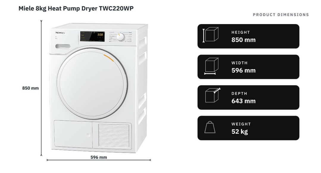 Miele 8kg Heat Pump Dryer TWC220WP — product dimensions