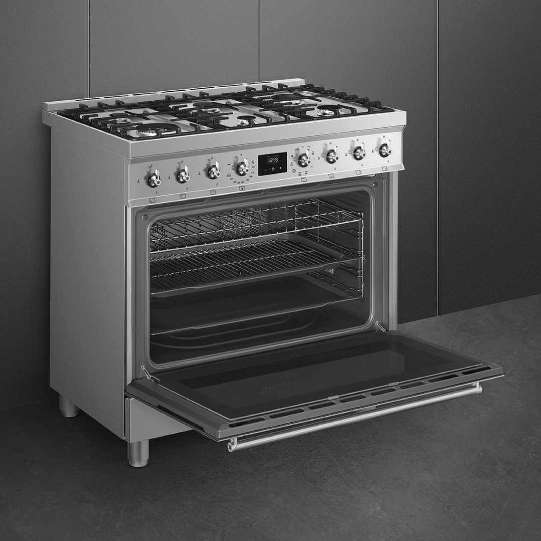 Smeg 90cm 6 Burner Classic Freestanding Dual Fuel Cooker Stainless Steel CS9GMXA2