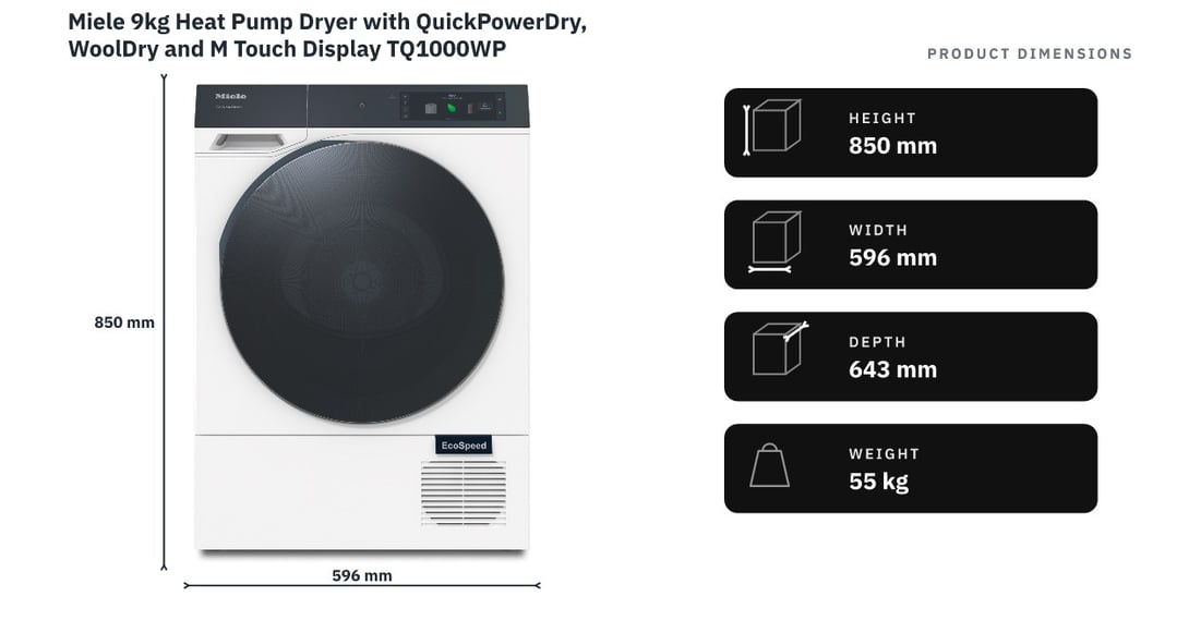 Miele 9kg Heat Pump Dryer with QuickPowerDry, WoolDry and M Touch Display TQ1000WP — product dimensions