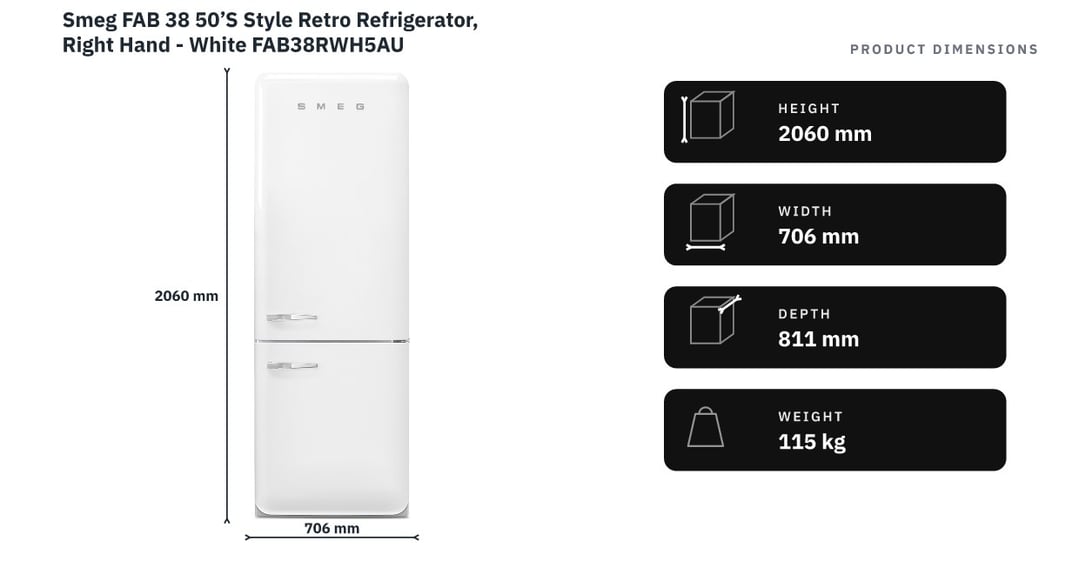 Smeg FAB 38 50’S Style Retro Refrigerator, Right Hand - White FAB38RWH5AU — product dimensions