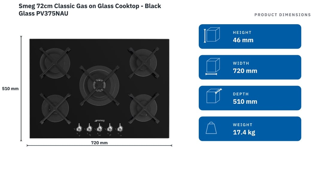 Smeg 72cm Classic Gas on Glass Cooktop - Black Glass PV375NAU — product dimensions